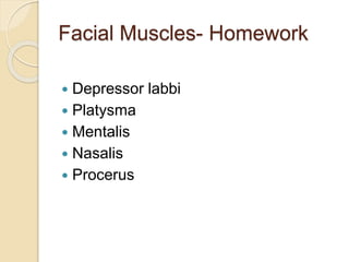 Facial Muscles- Homework
 Depressor labbi
 Platysma
 Mentalis
 Nasalis
 Procerus
 