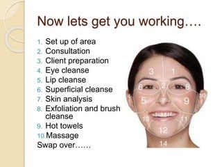 Now lets get you working….
1. Set up of area
2. Consultation
3. Client preparation
4. Eye cleanse
5. Lip cleanse
6. Superficial cleanse
7. Skin analysis
8. Exfoliation and brush
cleanse
9. Hot towels
10.Massage
Swap over……
 