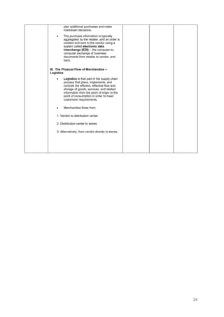 24
plan additional purchases and make
markdown decisions.
• The purchase information is typically
aggregated by the retailer, and an order is
created and sent to the vendor using a
system called electronic data
interchange (EDI) -- the computer-to-
computer exchange of business
documents from retailer to vendor, and
back.
III. The Physical Flow of Merchandise --
Logistics
• Logistics is that part of the supply chain
process that plans, implements, and
controls the efficient, effective flow and
storage of goods, services, and related
information from the point of origin to the
point of consumption in order to meet
customers' requirements.
• Merchandise flows from:
1. Vendor to distribution center
2. Distribution center to stores
3. Alternatively, from vendor directly to stores.
 