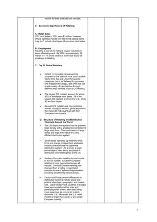 7
receive for their products and services.
V. Economic Significance Of Retailing
A. Retail Sales
U.S. retail sales in 2001 were $3 trillion. However,
official statistics include only store and catalog sales;
they don't include other types of non-store retail sales.
B. Employment
Retailing is one of the nation's largest industries in
terms of employment. By 2010, approximately, 26
million or 17% of the total U.S. workforce would be
employed in retailing.
C. Top 25 Global Retailers
• Exhibit 1-4 includes companies that
compete on the basis of price (such as Wal-
Mart), firms that are known for specific
categories (such as Safeway for groceries
and Walgreen for drugs), and firms that sell
a wide variety of merchandise through
different retail formats (such as JCPenney).
• The largest 200 retailers account for about
30% of worldwide retail sales. 78 of the
largest 200 retailers are from the U.S., while
30 are from Japan.
• Several U.S. retailers are now venturing
abroad, though in terms of global expansion,
they have still not caught up with their
European counterparts.
D. Structure of Retailing and Distribution
Channels Around the World
• The US distribution system has the greatest
retail density with a greatest concentration of
large retail firms. The combination of large
stores and large firms result in a very
efficient distribution system.
• Small stores operated by relatively small
firms and a large, independent wholesale
industry characterizes the Japanese
distribution system. As a result, a larger
percentage of labor being employed in
distribution and retailing than in the US.
• Northern European retailing is most similar
to the US system. Southern European
retailing is more fragmented across all
sectors. Central European retailing has
changed from a highly concentrated
structure to one of extreme fragmentation
(involving small family owned stores).
• Factors that have created differences in
distribution systems include social and
political objectives, geography, and market
size. Japan and several countries in Europe
have laws regulating store sizes and
protecting small stores, while also being
more expensive as compared to land-
abundant U.S. Moreover, the U.S. retail
market is larger than Japan or any single
European country.
 