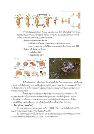 2.การสืบพันธุ์แบบอาศัยเพศ (Sexual reproduction) เป็นการสืบพันธุ์ที่มีการสร้างเซลล์
สืบพันธุ์เพศผู้และเพศเมียแล้วมาผสมกัน เรียกว่า การปฏิสนธิ (Fertilization) หรือเกิดจากการ
เปลี่ยนแปลงของเซลล์สืบพันธุ์ไปเป็นเอ็มบริโอโดยตรง
* ข้อดีของการสืบพันธุ์แบบอาศัยเพศ
สิ่งมีชีวิตที่เกิดขึ้นใหม่มีความหลากหลายทางพันธุกรรม (Genetic
variation) สามารถดารงชีวิตได้ในสภาพแวดล้อมที่เปลี่ยนไปตามกาลเวลาได้ดี
* ข้อเสียการสืบพันธุ์แบบอาศัยเพศ
1.1 เพิ่มจานวนได้ช้า
1.2 สูญเสียพลังงานมาก
นักเรียนร่วมแสดงความคิดเห็นและซักถามข้อสงสัยเกี่ยวกับความหมายและความสาคัญของ
กระบวนการสืบพันธุ์ของสัตว์ การสรุปเปรียบเทียบความเหมือนและความแตกต่างของกระบวนการสืบพันธุ์
ของสัตว์แต่ละประเภท อีกทั้งการประยุกต์ใช้เนื้อหาบทเรียนเรื่องกระบวนการสืบพันธุ์ของสัตว์ในการศึกษา
ชีววิทยาในระดับสูงต่อไป
ขั้นสรุป : ครูและนักเรียนร่วมกันสรุปความรู้เป็น concept map และทาใบงานเพื่อ
ตรวจสอบความเข้าใจเกี่ยวกับความหมายและความสาคัญของกระบวนการสืบพันธุ์ของสัตว์ การสรุป
เปรียบเทียบความเหมือนและความแตกต่างของกระบวนการสืบพันธุ์ของสัตว์แต่ละประเภท อีกทั้งการ
ประยุกต์ใช้เนื้อหาบทเรียนเรื่องกระบวนการสืบพันธุ์ของสัตว์ในการศึกษาชีววิทยาในระดับสูง
9. สื่อ / อุปกรณ์ / แหล่งเรียนรู้
9.1 เอกสารประกอบการเรียนการสอน รายวิชา ว30244 ชีววิทยา 4 ระดับชั้นมัธยมศึกษาปีที่ 5
คณะผู้รวบรวม ครูผู้สอนรายวิชาชีววิทยาชั้นมัธยมศึกษาปีที่ 5
9.2 หนังสือเรียนรายวิชาเพิ่มเติม ชีววิทยา เล่ม 1 กลุ่มสาระการเรียนรู้วิทยาศาสตร์ ผู้แต่ง สถาบัน
ส่งเสริมการส่งวิทยาศาสตร์และเทคโนโลยี (สสวท.) กระทรวงศึกษาธิการ
 
