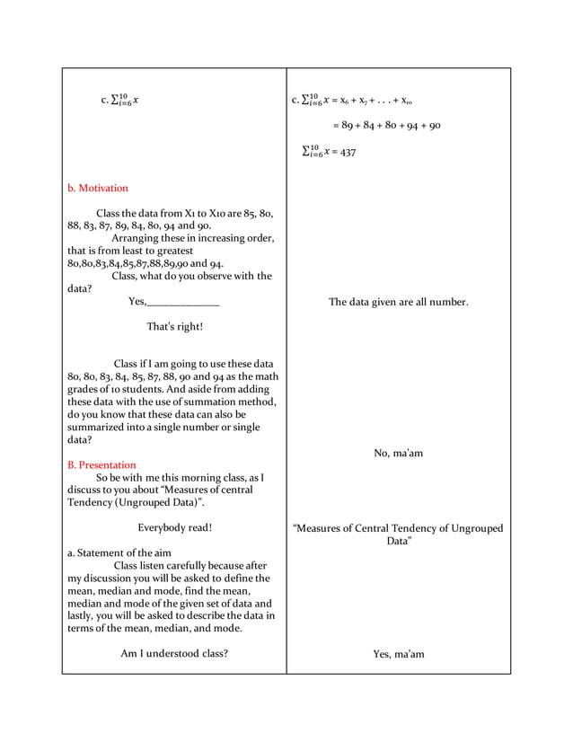 Lesson Plan- Measures of Central tendency of Data | DOCX | Educational ...