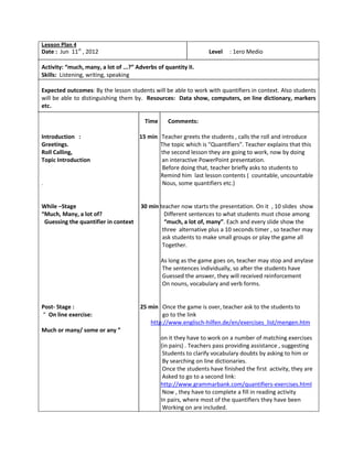 Lesson Plan 4
Date : Jun 11st , 2012                                             Level   : 1ero Medio

Activity: “much, many, a lot of ...?” Adverbs of quantity II.
Skills: Listening, writing, speaking

Expected outcomes: By the lesson students will be able to work with quantifiers in context. Also students
will be able to distinguishing them by. Resources: Data show, computers, on line dictionary, markers
etc.

                                         Time     Comments:

Introduction :                         15 min Teacher greets the students , calls the roll and introduce
Greetings.                                    The topic which is “Quantifiers”. Teacher explains that this
Roll Calling,                                 the second lesson they are going to work, now by doing
Topic Introduction                            an interactive PowerPoint presentation.
                                               Before doing that, teacher briefly asks to students to
                                              Remind him last lesson contents ( countable, uncountable
.                                              Nous, some quantifiers etc.)


While –Stage                           30 min teacher now starts the presentation. On it , 10 slides show
“Much, Many, a lot of?                          Different sentences to what students must chose among
 Guessing the quantifier in context             “much, a lot of, many”. Each and every slide show the
                                               three alternative plus a 10 seconds timer , so teacher may
                                               ask students to make small groups or play the game all
                                               Together.

                                                As long as the game goes on, teacher may stop and anylase
                                                The sentences individually, so after the students have
                                                Guessed the answer, they will received reinforcement
                                                On nouns, vocabulary and verb forms.


Post- Stage :                          25 min Once the game is over, teacher ask to the students to
“ On line exercise:                             go to the link
                                           http://www.englisch-hilfen.de/en/exercises_list/mengen.htm
Much or many/ some or any ”
                                                on it they have to work on a number of matching exercises
                                                (in pairs) . Teachers pass providing assistance , suggesting
                                                 Students to clarify vocabulary doubts by asking to him or
                                                 By searching on line dictionaries.
                                                 Once the students have finished the first activity, they are
                                                 Asked to go to a second link:
                                                http://www.grammarbank.com/quantifiers-exercises.html
                                                 Now , they have to complete a fill in reading activity
                                                In pairs, where most of the quantifiers they have been
                                                 Working on are included.
 