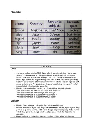 Plan ploče:
TIJEK SATA
UVOD
 × Uvodna vježba mimike TPR. Svaki učenik govori svoje ime i jednu stvar
vezanu uz školu koju voli . (My name is ana and my favourite subject is
Music)Svaki slijedeću učenik ponavlja prethodno rečeno te formira svoju
izjavu. Igra se kreće u smjeru kazaljke na satu dok ne napravimo puni krug.
Možemo po završetku obrnuti smjer i krenuti ispočetka s novom izjavom ( My
name is Marko and I'm good at running and calculating)-mimiziranje radnji
koju slijedeći učenik također ponavlja.
 Učenici promatraju slike u udžb., str.10, učitelj/ica postavlja pitanja:
Which picture shows two students in school uniform?
Which picture shows two teenage girls talking?
Which picture shows a student in his classroom?
Which picture shows a student in her ICT class?
OBRADA
 Učenici čitaju tekstove 1-4 i pridružuju tekstove sličicama.
 Učenici zaokružuju riječi koje znaju u Check these words, riječi koje ne znaju
potraže u rječniku na kraju udžbenika. Druga mogućnost je zajednički rad na
vokabularu (peer teaching), učiteljica objašnjava vokabular koji nitko ne
razumije.
 Drugo slušanje – učenici istovremeno slušaju i čitaju tekst, nakon toga
 