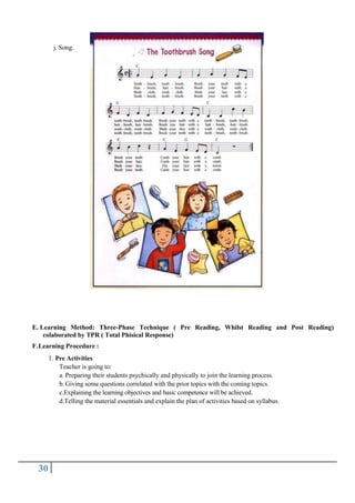 j. Song.

E. Learning Method: Three-Phase Technique ( Pre Reading, Whilst Reading and Post Reading)
colaborated by TPR ( Total Phisical Response)
F. Learning Procedure :
1. Pre Activities
Teacher is going to:
a. Preparing their students psychically and physically to join the learning process.
b. Giving some questions correlated with the prior topics with the coming topics.
c.Explaining the learning objectives and basic competence will be achieved.
d.Telling the material essentials and explain the plan of activities based on syllabus.

30

 
