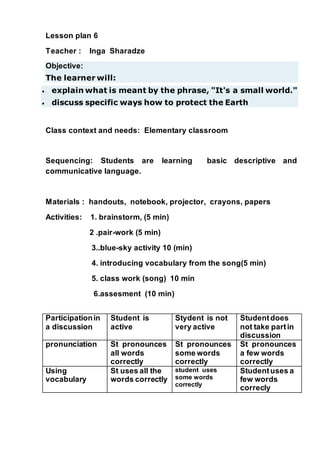 Lesson plan 6
Teacher : Inga Sharadze
Objective:
The learner will:
 explain what is meant by the phrase, "It's a small world."
 discuss specific ways how to protect the Earth
Class context and needs: Elementary classroom
Sequencing: Students are learning basic descriptive and
communicative language.
Materials : handouts, notebook, projector, crayons, papers
Activities: 1. brainstorm, (5 min)
2 .pair-work (5 min)
3..blue-sky activity 10 (min)
4. introducing vocabulary from the song(5 min)
5. class work (song) 10 min
6.assesment (10 min)
Participationin
a discussion
Student is
active
Stydent is not
very active
Studentdoes
not take partin
discussion
pronunciation St pronounces
all words
correctly
St pronounces
some words
correctly
St pronounces
a few words
correctly
Using
vocabulary
St uses all the
words correctly
student uses
some words
correctly
Studentuses a
few words
correcly
 