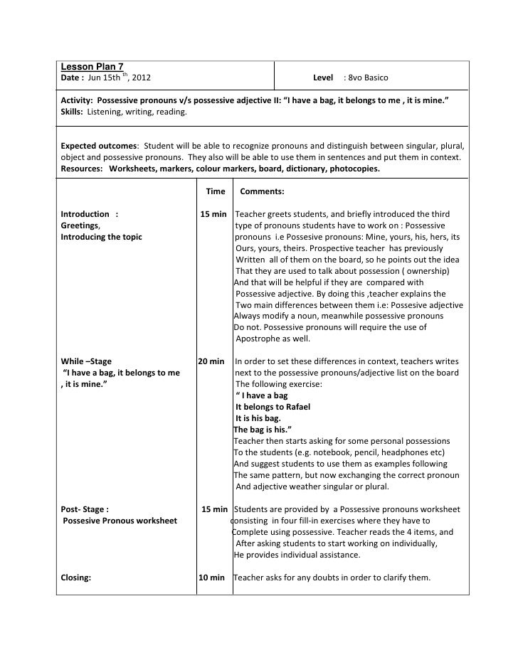 Lesson plan 7 octavo basico possesive pronouns ii