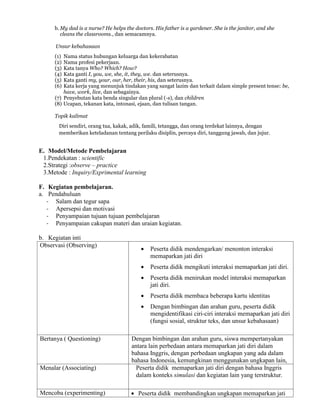 b. My dad is a nurse? He helps the doctors. His father is a gardener. She is the janitor, and she
cleans the classrooms., dan semacamnya.
Unsur kebahasaan
(1) Nama status hubungan keluarga dan kekerabatan
(2) Nama profesi pekerjaan.
(3) Kata tanya Who? Which? How?
(4) Kata ganti I, you, we, she, it, they, we. dan seterusnya.
(5) Kata ganti my, your, our, her, their, his, dan seterusnya.
(6) Kata kerja yang menunjuk tindakan yang sangat lazim dan terkait dalam simple present tense: be,
have, work, live, dan sebagainya.
(7) Penyebutan kata benda singular dan plural (-s), dan children
(8) Ucapan, tekanan kata, intonasi, ejaan, dan tulisan tangan.
Topik kalimat
Diri sendiri, orang tua, kakak, adik, famili, tetangga, dan orang terdekat lainnya, dengan
memberikan keteladanan tentang perilaku disiplin, percaya diri, tanggung jawab, dan jujur.
E. Model/Metode Pembelajaran
1.Pendekatan : scientific
2.Strategi :observe – practice
3.Metode : Inquiry/Exprimental learning
F. Kegiatan pembelajaran.
a. Pendahuluan
- Salam dan tegur sapa
- Apersepsi dan motivasi
- Penyampaian tujuan tujuan pembelajaran
- Penyampaian cakupan materi dan uraian kegiatan.
b. Kegiatan inti
Observasi (Observing)
 Peserta didik mendengarkan/ menonton interaksi
memaparkan jati diri
 Peserta didik mengikuti interaksi memaparkan jati diri.
 Peserta didik menirukan model interaksi memaparkan
jati diri.
 Peserta didik membaca beberapa kartu identitas
 Dengan bimbingan dan arahan guru, peserta didik
mengidentifikasi ciri-ciri interaksi memaparkan jati diri
(fungsi sosial, struktur teks, dan unsur kebahasaan)
Bertanya ( Questioning) Dengan bimbingan dan arahan guru, siswa mempertanyakan
antara lain perbedaan antara memaparkan jati diri dalam
bahasa Inggris, dengan perbedaan ungkapan yang ada dalam
bahasa Indonesia, kemungkinan menggunakan ungkapan lain,
Menalar (Associating) Peserta didik memaparkan jati diri dengan bahasa Inggris
dalam konteks simulasi dan kegiatan lain yang terstruktur.
Mencoba (experimenting)  Peserta didik membandingkan ungkapan memaparkan jati
 