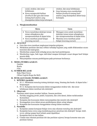 sosial, struktur, dan unsur
kebahasaan.
 Siswa memperoleh balikan
(feedback) dari guru dan teman
tentang hasil analisis yang
disampaikan dalam kerja kelompok
struktur, dan unsur kebahasaan.
 Guru bersama siswa memberikan
balikan (feedback) tentang hasil
analisis yang disampaikan dalam kerja
kelompok.
e. Mengkomunikasikan
Siswa Guru
 Siswa menuliskan deskripsi teman
teman sebangkunya dan
mempresentasikan di depan kelas.
 Siswa membuat jurnal belajar
(learning journal)
 Menugasi siswa untuk menuliskan
deskripsi teman teman sebangkunya
dan mempresentasikan di depan kelas.
 Meminta siswa membuat jurnal
belajar (learning journal).
3. PENUTUP
a. Guru dan siswa membuat rangkuman/simpulan pelajaran.
b. Melakukan penilaian dan/atau refleksi terhadap kegiatan yang sudah dilaksanakan secara
konsisten dan terprogram.
c. Memberikan umpan balik terhadap proses dan hasil pembelajaran.
d. Memberikan tugas, baik tugas individual maupun kelompok sesuai dengan hasil belajar
peserta didik.
e. Menyampaikan rencana pembelajaran pada pertemuan berikutnya.
F. MEDIA PEMBELAJARAN:
Gambar
Realia
Film
G. SUMBER BELAJAR
Buku Paket Siswa
(When English Rings the Bell)
H. PENILAIAN HASIL PEMBELAJARAN
1. KINERJA (praktik)
a. H.1.1. Melakukan monolog tentang deskripsi orang, binatang dan benda di depan kelas /
berpasangan
b. H.1.2. Ketepatan dan kesesuaian dalam menggunakan struktur teks dan unsur
kebahasaan dalam membuat teks deskriptif.
2. Observasi:
Penilaian untuk tujuan memberi balikan. Sasaran penilaian
a. Perilaku tanggung jawab, peduli, kerjasama, dan cinta damai, dalam melaksanakan
Komunikasi
b. Ketepatan dan kesesuaian dalam menyampaikan dan menulis teks deskriptif
c. Kesungguhan siswa dalam proses pembelajaran dalam setiap tahapan
d. Ketepatan dan kesesuaian menggunakan strategi dalam membaca
3. Portofolio
a. Kumpulan catatan kemajuan belajar siswa atau rekaman monolog teks deskriptif.
b. Kumpulan karya siswa yang mendukung proses penulisan teks diskriptif berupa: draft,
revisi, editing sampai hasil terbaik untuk dipublikasi
c. Kumpulan hasil tes dan latihan.
d. Catatan atau rekaman penilaian diri dan penilaian sejawat, berupa komentar atau cara
penilaian lainnya
 