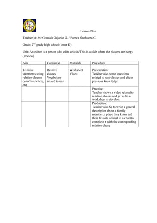 Lesson Plan

Teacher(s): Mr Gonzalo Gajardo G. / Pamela Sanhueza C.

Grade: 2nd grade high school (letter D)

Unit: An editor is a person who edits articles/This is a club where the players are happy
(Review)

Aim                Content(s)        Materials          Procedure

To make            Relative          Worksheet          Presentation:
statements using   clauses           Video              Teacher asks some questions
relative clauses   Vocabulary                           related to past classes and elicits
(who/that/where,   related to unit                      previous knowledge.
etc)
                                                        Practice:
                                                        Teacher shows a video related to
                                                        relative clauses and gives Ss a
                                                        worksheet to develop.
                                                        Production:
                                                        Teacher asks Ss to write a general
                                                        description about a family
                                                        member, a place they know and
                                                        their favorite animal in a chart to
                                                        complete it with the corresponding
                                                        relative clause
 