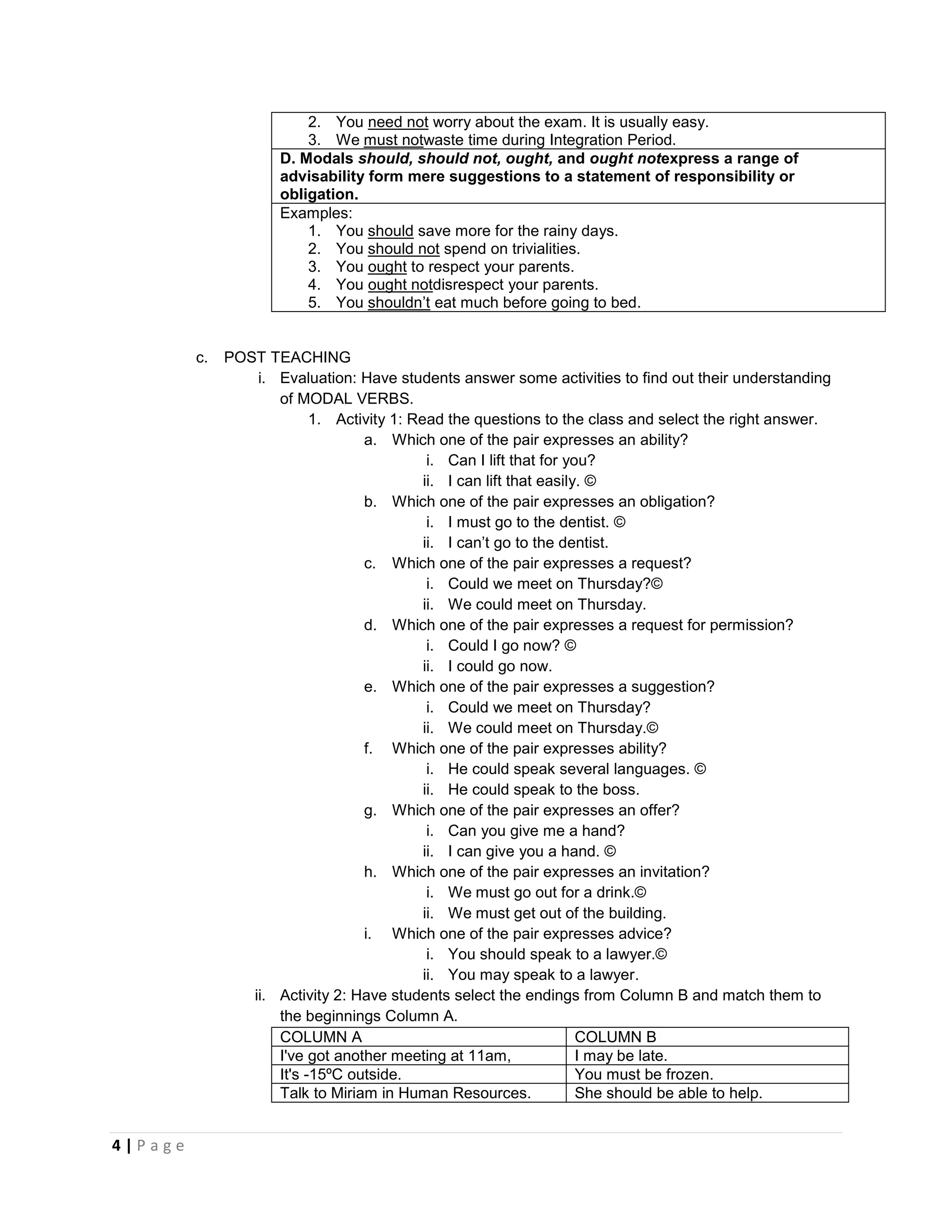 4 | P a g e
2. You need not worry about the exam. It is usually easy.
3. We must notwaste time during Integration Period.
D. Modals should, should not, ought, and ought notexpress a range of
advisability form mere suggestions to a statement of responsibility or
obligation.
Examples:
1. You should save more for the rainy days.
2. You should not spend on trivialities.
3. You ought to respect your parents.
4. You ought notdisrespect your parents.
5. You shouldn’t eat much before going to bed.
c. POST TEACHING
i. Evaluation: Have students answer some activities to find out their understanding
of MODAL VERBS.
1. Activity 1: Read the questions to the class and select the right answer.
a. Which one of the pair expresses an ability?
i. Can I lift that for you?
ii. I can lift that easily. ©
b. Which one of the pair expresses an obligation?
i. I must go to the dentist. ©
ii. I can’t go to the dentist.
c. Which one of the pair expresses a request?
i. Could we meet on Thursday?©
ii. We could meet on Thursday.
d. Which one of the pair expresses a request for permission?
i. Could I go now? ©
ii. I could go now.
e. Which one of the pair expresses a suggestion?
i. Could we meet on Thursday?
ii. We could meet on Thursday.©
f. Which one of the pair expresses ability?
i. He could speak several languages. ©
ii. He could speak to the boss.
g. Which one of the pair expresses an offer?
i. Can you give me a hand?
ii. I can give you a hand. ©
h. Which one of the pair expresses an invitation?
i. We must go out for a drink.©
ii. We must get out of the building.
i. Which one of the pair expresses advice?
i. You should speak to a lawyer.©
ii. You may speak to a lawyer.
ii. Activity 2: Have students select the endings from Column B and match them to
the beginnings Column A.
COLUMN A COLUMN B
I've got another meeting at 11am, I may be late.
It's -15ºC outside. You must be frozen.
Talk to Miriam in Human Resources. She should be able to help.
 