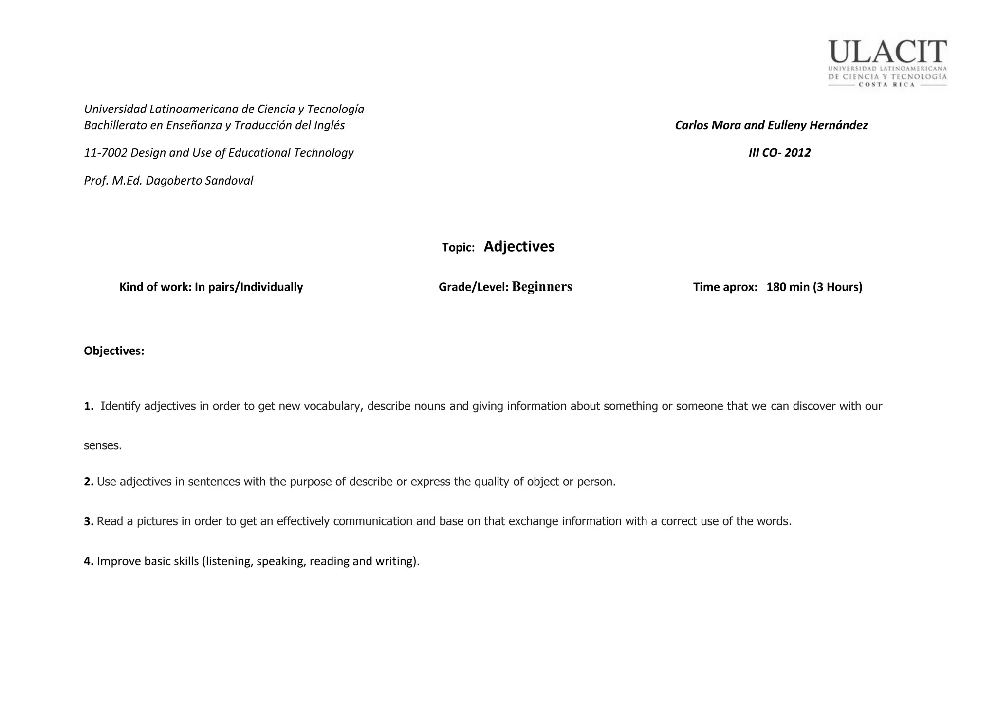 Lesson plan adjectives charlie and eulleny | PPT
