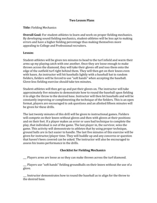 Two Lesson Plans<br />Title: Fielding Mechanics<br />Overall Goal: For student-athletes to learn and work on proper fielding mechanics. By developing sound fielding mechanics, student-athletes will be less apt to making errors and have a higher fielding percentage thus making themselves more appealing to College and Professional recruiters.<br />Lesson: <br />Student-athletes will be given ten minutes to head to the turf infield and warm their arms up my playing catch with one another. Once they are loose enough to make throws across the diamond, they will take their gloves off and toss them onto the edge of the outfield turf right behind them. They will then get on their knees even with bases. An instructor will hit baseballs lightly with a baseball bat to random fielders, fielders will be forced to use “soft hands” when accepting the baseball. Glove-less fielding exercise should take ten minutes. <br />Student-athletes will then get up and put their gloves on. The instructor will take approximately five minutes to demonstrate how to round the baseball upon fielding it to align the throw to the desired base. Instructor will then hit baseballs and will be constantly improving or complimenting the technique of the fielders. This is an open format, players are encouraged to ask questions and an allotted fifteen minutes will be given for these drills. <br />The last twenty minutes of this drill will be given to instructional games. Fielders will compete on their knees without gloves and then with gloves at their positions and on their feet. If a player makes an error or uses bad technique to complete the play, that individual is out of the game. The last player in, the survivor, wins the game. This activity will demonstrate to athletes that by using proper technique, ground balls are in fact easier to handle. The last five minutes of this exercise will be given for instructor/player time. They will huddle up and any concerns or question that haven’t been covered can be asked. The instructor will also be encouraged to assess his teams performance in the drills.<br />Checklist for Fielding Mechanics<br />___ Players arms are loose as so they can make throws across the turf diamond.<br />___ Players use “soft hands” fielding groundballs on their knees without the use of a glove.<br />___ Instructor demonstrates how to round the baseball as to align for the throw to the desired base.<br />___ Players demonstrate understanding of how to round the baseball and how to align their body and feet for the throw.<br />___ Instructional games are played.<br />___ Time is left for review of drills.<br />Title: Self-Assessment<br />Overall Goal: For student-athletes to honestly evaluate their athletic and scholastic performances and to conclude a plan of action to improve in lacking aspects. Furthermore, the self-assessment should give me insight to the strengths and weaknesses of my student-athlete on the diamond and in the classroom.<br />Lesson: <br />Each applicant of the academy must complete a self-assessment before placed on a team. As an instructional facility that not only wants to improve student-athletes athletic performances, we want to enhance their scholastic performances. We believe athletes should excel both on the diamond and in the classroom. Student-Athletes will state what they believe their strengths are as an athlete and as a student. Student-Athletes will then state what they believe their weaknesses are as an athlete and then as a student.<br />Students will, however, focus on their admitted weaknesses at first. They will be asked to come up with a plan of action of which they will be realistically able to implement to help their weakness turn into a strength. For example, if a student struggles in math, they may want to see a tutor twice a week. Or if a student struggles hitting baseballs to the opposite field, they may want to commit to lessons with an instructor who specializes in the swing or commit to doing tee work twice a week. Students will then focus on their strengths. They will be asked to offer advice to student-athletes who may struggle in that particular area and give ideas as to how they can continue to improve even in a “strong” area. <br />I will expect students to present their findings on the Smart Board located in the student room through PowerPoint one at a time. This assignment will not only show students that I care both about their athletic and academic performances, it will demonstrate that the focus of this academy is development both on and off the field. I will then be given time to understand and learn about players and how best I can help them. I will also use this opportunity to give student-athletes tips on how to use our facility to maximize their needs. <br />Checklist for Self-Assessment<br />___   Student-Athlete list scholastic weaknesses and strengths<br />___   Student-Athlete list athletic weaknesses and strengths<br />___   Student-Athlete constructed a plan of action to turn weaknesses into strengths both from an athletic and academic standpoint.<br />___   Student-Athlete offered advice to other student-athletes who may be struggling in an area they consider themselves to be sufficient.<br />___   Student-Athlete gave ideas on how they could improve in already “strong” areas of academic and athletics.<br />___   Student-Athlete created a PowerPoint presentation.<br />___   Student-Athlete presented PowerPoint on Smart Board.<br />