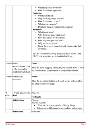 Lesson Plan And Worksheets On Characteristics Of Living Lhings