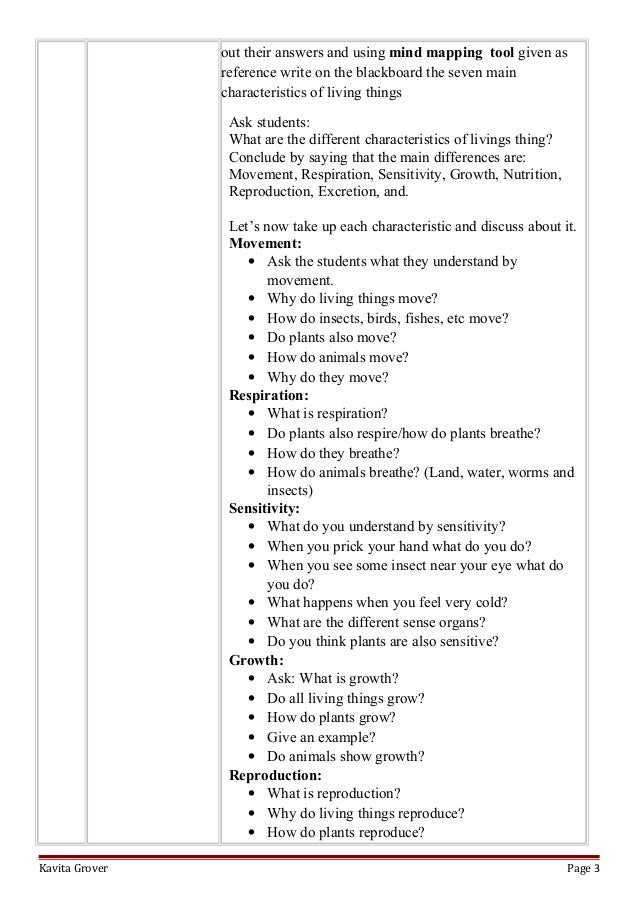 Lesson Plan and Worksheets on Characteristics of Living Lhings