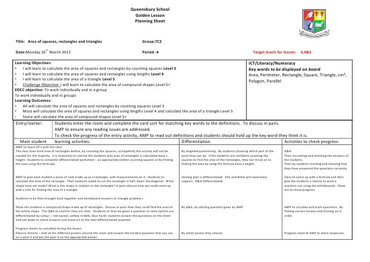 Lesson Plan Area Of Rectangles Triangles And Compund Shapes Basic