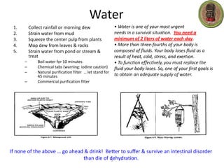 Dehydration: Occurs when the loss of body fluids, mostly water, exceeds the amount that is taken in. Treatment: Sip small amounts of water or carbohydrate/electrolyte-containing drinks. Treat for heat Increased thirst  with dry mouth and swollen tongue