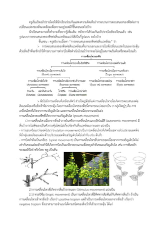 ครูเริ่มเปิดอภิปรายโดยให้นักเรียนร่วมกันแสดงความคิดเห็นว่ากระบวนการตอบสนองของพืชต่อการ
เปลี่ยนแปลงของสิ่งแวดล้อมเพื่อความอยู่รอดมีกี่ขันตอนอะไรบ้าง
นักเรียนสามารถตังค้าถามที่อยากรู้เพิ่มเติม หลังจากได้ร่วมกันอภิปรายในห้องเรียนแล้ว เช่น
รูปแบบการตอบสนองของพืชต่อสิ่งแวดล้อมแบ่งได้เป็นกี่รูปแบบ อะไรบ้าง
ขันสอน : ครูอธิบายเนือหา “การตอบสนองของพืชต่อสิ่งแวดล้อม” ว่า
> การตอบสนองของพืชต่อสิ่งแวดล้อมทังภายนอกและภายในที่เปลี่ยนแปลงไปและกระตุ้น
ด้วยสิ่งเร้าที่จะชักน้าให้กระบวนการต่างๆในพืชด้าเนินไปแม้ว่าอาจจะไม่อยู่ในสภาพเริ่มต้นหรือหมดไปแล้ว
> พืชไม่มีการเคลื่อนที่เหมือนสัตว์ ส่วนใหญ่พืชมีแต่การเคลื่อนไหวเมื่อเกิดการตอบสนองต่อ
สิ่งแวดล้อมหรือสิ่งเร้าที่มากระตุ้น โดยการเคลื่อนไหวของพืชนีสามารถแบ่งออกเป็น 2 กลุ่มใหญ่ๆ คือ การ
เคลื่อนไหวที่เกิดจากการเจริญเติบโต และการเคลื่อนไหวเนื่องจากแรงดังเต่ง
การเคลื่อนไหวของพืชที่เกิดจากการเจริญเติบโต (growth movement)
1) การเคลื่อนไหวเนื่องจากสิ่งเร้าภายในหรือการเคลื่อนไหวแบบอัตโนมัติ (autonomic movement) มี
สิ่งเร้าภายในพืชเองเป็นตัวกระตุ้นโดยไม่เกี่ยวข้องกับสิ่งแวดล้อมภายนอก แบ่งเป็น
- การเอนหรือแกว่งยอดไปมา (nutation movement) เป็นการเคลื่อนไหวที่เกิดขึนเฉพาะส่วนปลายยอดพืช
ที่มีกลุ่มเซลล์ของแต่ละด้านบริเวณยอดพืชเจริญเติบโตไม่เท่ากัน เช่น ต้นถั่ว
- การบิดล้าต้นเป็นเกลียว (spiral movement) เป็นการเคลื่อนไหวที่ปลายยอดเนื่องจากการเจริญเติบโตไม่
เท่ากันของแต่ละด้านท้าให้เกิดการบิดเป็นเกลียวรอบแกนเพื่อพยุงล้าต้นขณะเจริญเติบโต เช่น การพันหลัก
ของมะลิวัลย์ พริกไทย พลู เป็นต้น
2) การเคลื่อนไหวที่เกิดจากสิ่งเร้าภายนอก (Stimulus movement) แบ่งเป็น
2.1) ทรอปิซึม (tropic movement) เป็นการเคลื่อนไหวที่มีทิศทางสัมพันธ์กับทิศทางสิ่งเร้า ถ้าเป็น
การเคลื่อนไหวเข้าหาสิ่งเร้า เรียกว่า positive tropism แต่ถ้าเป็นการเคลื่อนไหวออกจากสิ่งเร้า เรียกว่า
negative tropism ซึ่งเราสามารถจ้าแนกได้ตามชนิดของสิ่งเร้าที่เข้ามากระตุ้น ได้แก่
 