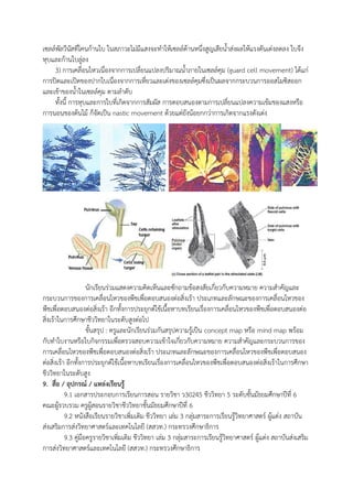 เซลล์พัลวีนัสที่โคนก้านใบ ในสภาวะไม่มีแสงจะท้าให้เซลล์ด้านหนึ่งสูญเสียน้าส่งผลให้แรงดันเต่งลดลง ใบจึง
หุบและก้านใบลู่ลง
3) การเคลื่อนไหวเนื่องจากการเปลี่ยนแปลงปริมาณน้าภายในเซลล์คุม (guard cell movement) ได้แก่
การปิดและเปิดของปากใบเนื่องจากการเหี่ยวและเต่งของเซลล์คุมซึ่งเป็นผลจากกระบวนการออสโมซิสออก
และเข้าของน้าในเซลล์คุม ตามล้าดับ
ทังนี การหุบและการใบที่เกิดจากการสัมผัส การตอบสนองตามการเปลี่ยนแปลงความเข้มของแสงหรือ
การนอนของต้นไม้ ก็จัดเป็น nastic movement ด้วยแต่ยังน้อยกกว่าการเกิดจากแรงดังเต่ง
นักเรียนร่วมแสดงความคิดเห็นและซักถามข้อสงสัยเกี่ยวกับความหมาย ความส้าคัญและ
กระบวนการของการเคลื่อนไหวของพืชเพื่อตอบสนองต่อสิ่งเร้า ประเภทและลักษณะของการเคลื่อนไหวของ
พืชเพื่อตอบสนองต่อสิ่งเร้า อีกทังการประยุกต์ใช้เนือหาบทเรียนเรื่องการเคลื่อนไหวของพืชเพื่อตอบสนองต่อ
สิ่งเร้าในการศึกษาชีววิทยาในระดับสูงต่อไป
ขันสรุป : ครูและนักเรียนร่วมกันสรุปความรู้เป็น concept map หรือ mind map พร้อม
กับท้าใบงานหรือใบกิจกรรมเพื่อตรวจสอบความเข้าใจเกี่ยวกับความหมาย ความส้าคัญและกระบวนการของ
การเคลื่อนไหวของพืชเพื่อตอบสนองต่อสิ่งเร้า ประเภทและลักษณะของการเคลื่อนไหวของพืชเพื่อตอบสนอง
ต่อสิ่งเร้า อีกทังการประยุกต์ใช้เนือหาบทเรียนเรื่องการเคลื่อนไหวของพืชเพื่อตอบสนองต่อสิ่งเร้าในการศึกษา
ชีววิทยาในระดับสูง
9. สื่อ / อุปกรณ์ / แหล่งเรียนรู้
9.1 เอกสารประกอบการเรียนการสอน รายวิชา ว30245 ชีววิทยา 5 ระดับชันมัธยมศึกษาปีที่ 6
คณะผู้รวบรวม ครูผู้สอนรายวิชาชีววิทยาชันมัธยมศึกษาปีที่ 6
9.2 หนังสือเรียนรายวิชาเพิ่มเติม ชีววิทยา เล่ม 3 กลุ่มสาระการเรียนรู้วิทยาศาสตร์ ผู้แต่ง สถาบัน
ส่งเสริมการส่งวิทยาศาสตร์และเทคโนโลยี (สสวท.) กระทรวงศึกษาธิการ
9.3 คู่มือครูรายวิชาเพิ่มเติม ชีววิทยา เล่ม 3 กลุ่มสาระการเรียนรู้วิทยาศาสตร์ ผู้แต่ง สถาบันส่งเสริม
การส่งวิทยาศาสตร์และเทคโนโลยี (สสวท.) กระทรวงศึกษาธิการ
 