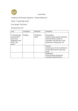 Lesson Plan

Teacher(s): Mr Gonzalo Gajardo G. / Pamela Sanhueza C.

Grade: 1st grade high school

Unit: Reader “The Piano”

Estimated time: 90’

Aim               Content(s)      Materials          Procedure

To discriminate   Reading         Worksheet          Presentation:
punctual facts                    Book               Teacher makes general comments
and events                                           about the book to make Ss
happened in the                                      remember what they have read
book “The                                            (characters, setting, plot, etc)
piano”
                                                     Practice:
                                                     Teacher gives Ss the worksheet to
                                                     be developed and Ss make peer
                                                     work.
                                                     Production:
                                                     Final checking and general
                                                     comments about the book.
 