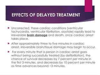 EFFECTS OF DELAYED TREATMENT
 Uncorrected, these cardiac conditions (ventricular
tachycardia, ventricular fibrillation, asystole) rapidly lead to
irreversible brain damage and death, once cardiac arrest
takes place.
 After approximately three to five minutes in cardiac
arrest, irreversible brain/tissue damage may begin to occur.
 For every minute that a person in cardiac arrest goes
without being successfully treated (by defibrillation), the
chance of survival decreases by 7 percent per minute in
the first 3 minutes, and decreases by 10 percent per minute
as time advances beyond ~3 minutes.
 