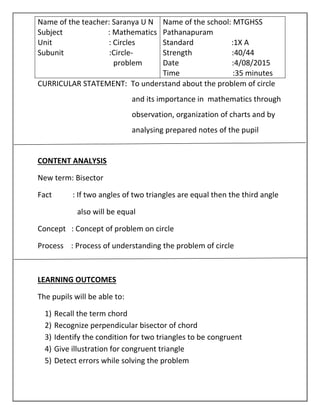 CURRICULAR STATEMENT: To understand about the problem of circle
and its importance in mathematics through
observation, organization of charts and by
analysing prepared notes of the pupil
CONTENT ANALYSIS
New term: Bisector
Fact : If two angles of two triangles are equal then the third angle
also will be equal
Concept : Concept of problem on circle
Process : Process of understanding the problem of circle
LEARNING OUTCOMES
The pupils will be able to:
1) Recall the term chord
2) Recognize perpendicular bisector of chord
3) Identify the condition for two triangles to be congruent
4) Give illustration for congruent triangle
5) Detect errors while solving the problem
Name of the teacher: Saranya U N
Subject : Mathematics
Unit : Circles
Subunit :Circle-
problem
Name of the school: MTGHSS
Pathanapuram
Standard :1X A
Strength :40/44
Date :4/08/2015
Time :35 minutes
 