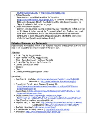 US/firefox/addon/57295/ or http://read2me.mozdev.org/
    At-Risk Students:
      Download and install Firefox Addon, ImTranslator
      (http://www.imtranslator.net/ff-plugin.asp), to translate online text (blog) into
      ELLs native language. Ideally, ELL students will be able to communicate, via
      Skype, to others in their native language.
    Gifted and Talented Students:
      Learners with advanced reading abilities may read related books (listed above or
      on Additional Activities page of the Communities Web site. Students may read
      book aloud to classmates and/or use additional information learned when
      contributing to class discussions. Blog grading rubric adjusted to appropriate
      challenge level (length, organization, details).

Materials, Resources and Equipment:
(Pease indicate in bulleted list format all the materials, resources and equipment that have been
used or will be used for the implementation of the lesson plan.)

Materials:
    Book - City, by Peggy Pancella
    Book – Small Town, by Peggy Pancella
    Book – Farm Community, by Peggy Pancella
    Book – The City Kid and the Suburban Kid
    Colored construction paper
    Scissors
    Glue
    Classlist/Checklist (participation tallies)

Resources:
    Deerfield, IL YouTube: http://www.youtube.com/watch?v=omoWuBOj6bI
                     SafeShareTV: http://www.safeshare.tv/v/omoWuBOj6bI
    Promethean Planet – Venn Diagram Resource Kit:
      http://www.prometheanplanet.com/en-us/Resources/Item/53738/venn-
      diagrams-for-grade-1/
    Skyline Project: http://deepspacesparkle.blogspot.com/2009/01/city-at-night-
      paper-and-scissor-lesson.html
    Skype Account: https://login.skype.com/account/login-
      form?return_url=https%3A%2F%2Fsecure.skype.com%2Faccount%2Flogin
    Blog (Deerfield teachers have district blogs)
    Highland Park, IL YouTube: http://www.youtube.com/watch?v=jP1GGK4cAAk
                          SafeShareTV: http://www.safeshare.tv/v/jP1GGK4cAAk
    TuxPaint (download): http://www.tuxpaint.org/
    Screen Reader Add-on (download): http://read2me.mozdev.org
    Translator: http://www.imtranslator.net/ff-plugin.asp
 