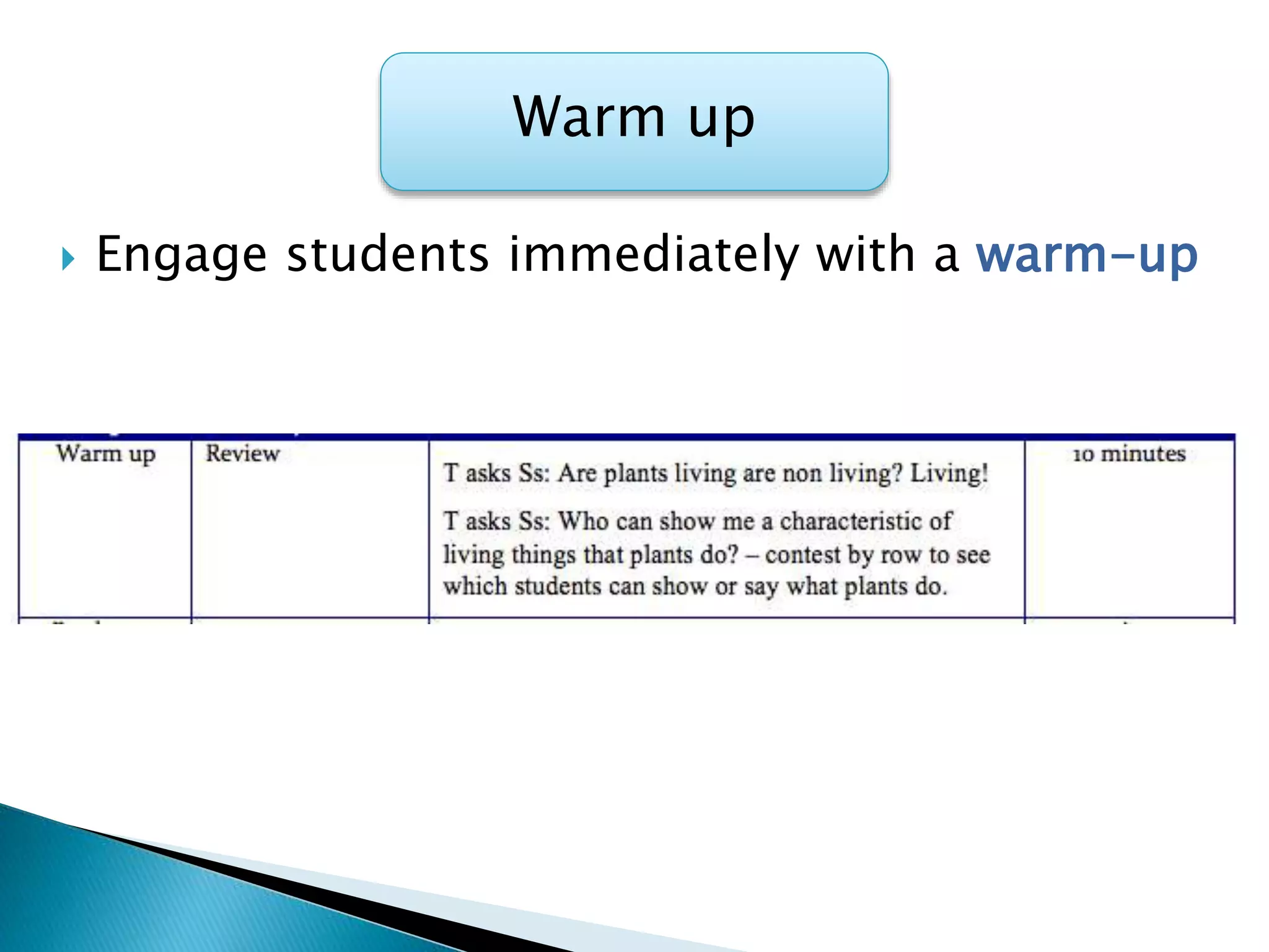 Warm up
 Engage students immediately with a warm-up
 