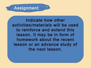 Assignment


        Indicate how other
activities/materials will be used
   to reinforce and extend this
   lesson. It may be in form of
   homework about the recent
 lesson or an advance study of
         the next lesson.
                  
 