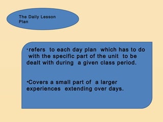 The Daily Lesson
Plan




   • refers to each day plan which has to do
    with the specific part of the unit to be
   dealt with during a given class period.


   •Covers a small part of a larger
   experiences extending over days.  
 
