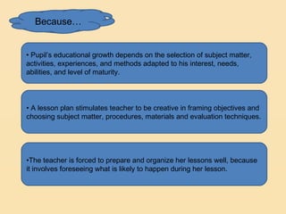 Because…


• Pupil’s educational growth depends on the selection of subject matter,
activities, experiences, and methods adapted to his interest, needs,
abilities, and level of maturity.




• A lesson plan stimulates teacher to be creative in framing objectives and
choosing subject matter, procedures, materials and evaluation techniques.




•The teacher is forced to prepare and organize her lessons well, because
it involves foreseeing what is likely to happen during her lesson.
 