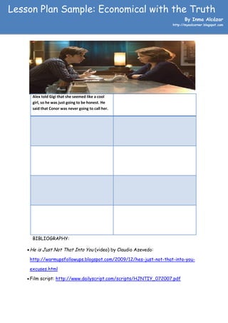 Lesson Plan Sample: Economical with the Truth
                                                                          By Inma Alcázar
                                                                   http://myeslcorner.blogspot.com




      Alex told Gigi that she seemed like a cool
      girl, so he was just going to be honest. He
      said that Conor was never going to call her.




      BIBLIOGRAPHY:

     He is Just Not That Into You (video) by Claudio Azevedo:

     http://warmupsfollowups.blogspot.com/2009/12/hes-just-not-that-into-you-

     excuses.html

     Film script: http://www.dailyscript.com/scripts/HJNTIY_072007.pdf
 