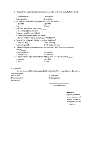 5. The symbioticrelationshipwhenone organismbenefitswhileotherisunaffected iscalled
______.
a. commensalism c. mutualism
b. competition d. parasitism
6. An organismthatlivesbyharminganotherlivingthingiscalled_____.
a. parasite c. predator
b. prey d. host
7. Predationoccurswhenthe predator_______.
a. feedsondeadanimal matter
b. capturesand killspreyforfood
c. competeswithpreyforfoodandshelter
d. capturesand killspreybecause theyare initsterritory
8. Whichof the followingisthe bestexampleof parasitism?
a. fleasona dog c. ants and fungi
b. a monkeyona tree d. fishandseaanemone
9. The symbioticrelationshipwhenone organismbenefitswhilethe otherisharmedis
called______.
a. commensalism c. mutualism
b. competition d. parasitism
10. It isa smallerandweakeranimal thatwasbeing killedandeaten.Itiscalled_____.
a. parasite c. predator
b. prey d. host
V.Assignment
Give one example of the followingsymbioticrelationshipsthatwe justdiscussed.Draw itona
short bondpaper.
1. Mutualism
2. Commensalism
3. Parasitism
4. Predation
5. Competition
________________________
Parent’sSignature
Preparedby:
Cayanan, Anna Mae T.
Casuyon, Kasandra R.
Reginio, Verny Jane
Longcanaya, Elaine
BEED3-A
 