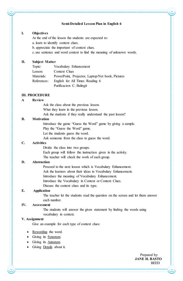 4A s Lesson Plan In English 6 4A s Lesson Plan In English 6