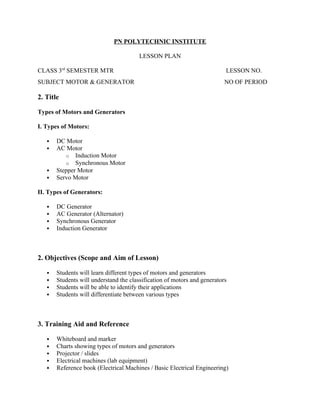 Generator Objective Comprehensive Lesson Plan on Motors and Generators for Engineering ...