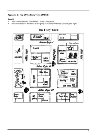 Appendix 6 : Map of The Fishy Town (TASK B)

Task B:
 Listen carefully to the “descriptions” by the other group.
 Then draw the route described by the group in this map and see if you can get it right.


                                       The Fishy Town

                                                                  Bank




                                            Cinema




                                                                                            9
 