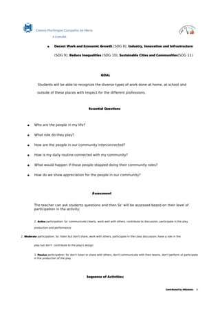 Colexio Plurilingüe Compañía de María
A CORUÑA
 Decent Work and Economic Growth (SDG 8); Industry, Innovation and Infrastructure
(SDG 9); Reduce Inequalities (SDG 10); Sustainable Cities and Communities(SDG 11)
GOAL
Students will be able to recognize the diverse types of work done at home, at school and
outside of these places with respect for the different professions.
Essential Questions
 Who are the people in my life?
 What role do they play?
 How are the people in our community interconnected?
 How is my daily routine connected with my community?
 What would happen if those people stopped doing their community roles?
 How do we show appreciation for the people in our community?
Assessment
The teacher can ask students questions and then Ss' will be assessed based on their level of
participation in the activity:
3. Active participation: Ss' communicate clearly, work well with others, contribute to discussion, participate in the play
production and performance
2. Moderate participation: Ss' listen but don't share, work with others, participate in the class discussion, have a role in the
play but don't contribute to the play's design
3. Passive participation: Ss' don't listen or share with others, don't communicate with their teams, don't perform or participate
in the production of the play
Sequence of Activities:
Contributed by MQuintas 6.
 