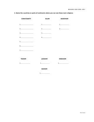 RELIGIOUS EDUCATION ESO 1


2. Name the countries or parts of continents where you can see these main religions



           CHRISTIANITY                                  ISLAM                    BUDDHISM



       1.................................       1.......................      1.......................


       2.................................       2.......................      2.......................


       3.................................       3.......................


       4.................................       4........................


       5.................................


       6.................................


       7.................................




         TAOISM                                 JUDAISM                       HINDUISM


       1.........................            1......................        1.........................



                                                SIKHISM


                                            1........................




                                                                                                                     María Quintas
 