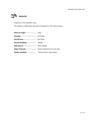 RELIGIOUS EDUCATION ESO 1




       HINDUISM



Hinduism is from Northern India.

The religion is 4,000 years old and it's followed by 750 million Hindus.



Place of origin --------------------- India

Founder -----------------------------   no founder

Sacred text ------------------------- The Vedas

Sacred building -------------------      Mandir

Holy places ------------------------    River Ganges

Major festivals --------------------    Divali (celebrates the new year)

Hindus symbols -----------------         Omkar (Aum), Lotus flower




                                                                                            María Quintas
 