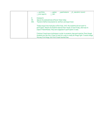 __ portfolio         __ games       _questionnaire    _X_ anecdotic record
       __oral reports       __ skit

X.     Homework:
XI.    Special Accommodations offered: None today
XII.   Teacher’s Reflections (material, method, and objectives):

       Today’s objectives took place effectively. Still, the students did not want to
       participate. Almost all students lowered their heads. It was Friday, what was to
       expect? Nonetheless, they were supposed to participate in class.

       I believe I need more techniques in order to promote class participation. Even though
       students are like this, I have to look for a way to really do things right. I would change
       the way I do things, but first I must learned how.
 