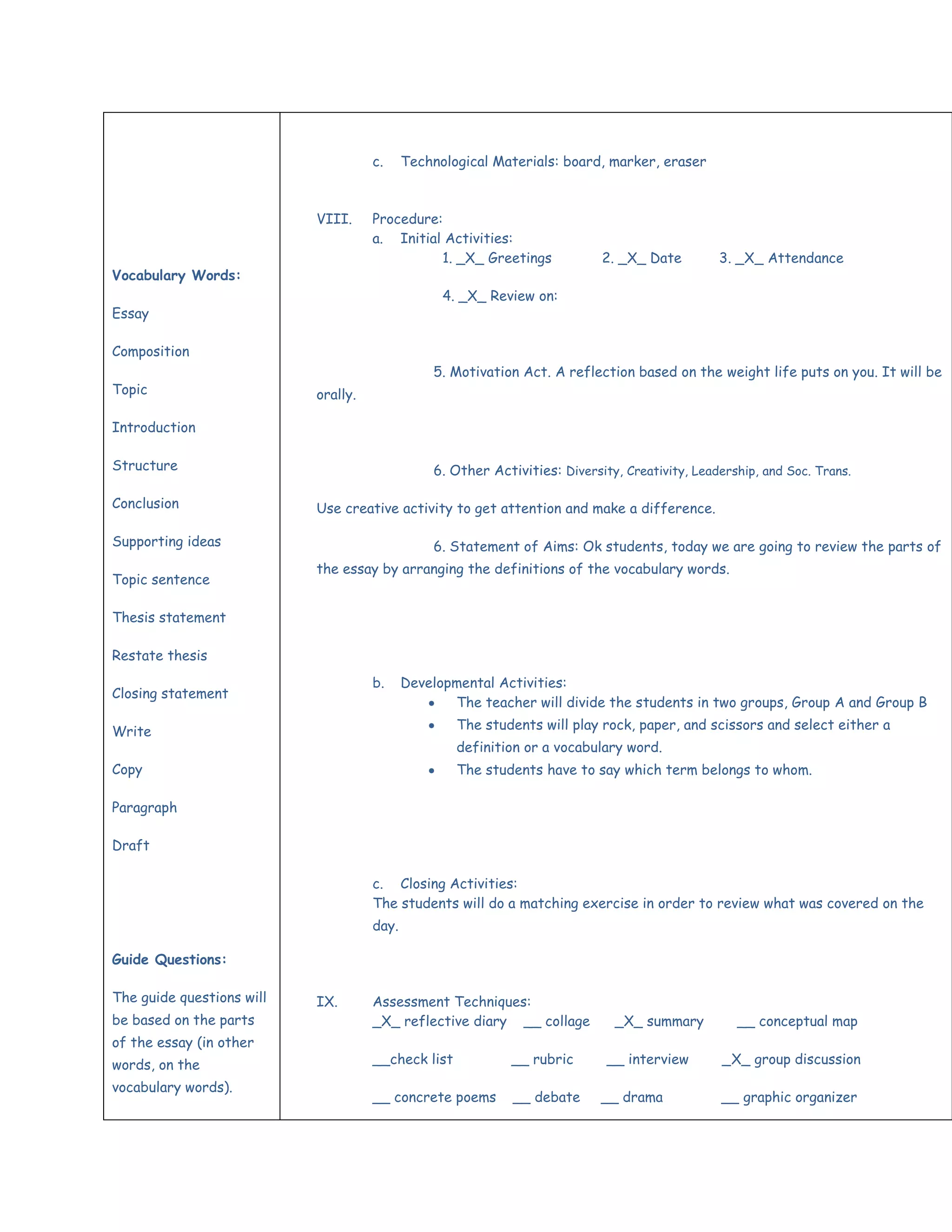 c.     Technological Materials: board, marker, eraser



                           VIII.     Procedure:
                                     a. Initial Activities:
                                               1. _X_ Greetings             2. _X_ Date         3. _X_ Attendance
Vocabulary Words:
                                                  4. _X_ Review on:
Essay

Composition
                                                5. Motivation Act. A reflection based on the weight life puts on you. It will be
Topic                      orally.

Introduction

Structure                                       6. Other Activities: Diversity, Creativity, Leadership, and Soc. Trans.

Conclusion                 Use creative activity to get attention and make a difference.

Supporting ideas                                6. Statement of Aims: Ok students, today we are going to review the parts of
                           the essay by arranging the definitions of the vocabulary words.
Topic sentence

Thesis statement

Restate thesis
                                     b.     Developmental Activities:
Closing statement
                                                   The teacher will divide the students in two groups, Group A and Group B

Write                                               The students will play rock, paper, and scissors and select either a
                                                    definition or a vocabulary word.
Copy                                                The students have to say which term belongs to whom.

Paragraph

Draft

                                     c. Closing Activities:
                                     The students will do a matching exercise in order to review what was covered on the
                                     day.

Guide Questions:

The guide questions will   IX.       Assessment Techniques:
be based on the parts                _X_ reflective diary __ collage          _X_ summary          __ conceptual map
of the essay (in other
words, on the                        __check list            __ rubric       __ interview        _X_ group discussion
vocabulary words).
                                     __ concrete poems       __ debate      __ drama            __ graphic organizer
 