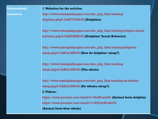 Instructional
resources
1.Websites for the articles:
http://www.myenglishpages.com/site_php_files/reading-
dolphins.php#.UxBT7CHNvIU (Dolphins)
http://www.myenglishpages.com/site_php_files/reading-dolphin-social-
behavior.php#.UxBULSHNvIU (Dolphins’ Social Behavior)
http://www.myenglishpages.com/site_php_files/reading-dolphins-
sleep.php#.UxBUaCHNvIU (How do dolphins’ sleep?)
http://www.myenglishpages.com/site_php_files/reading-
whale.php#.UxBUmiHNvIU (The whale)
http://www.myenglishpages.com/site_php_files/reading-do-whales-
sleep.php#.UxBUuCHNvIU (Do whales sleep?)
2.Videos:
https://www.youtube.com/watch?v=8n2Rvejs2i8 (Animal facts-dolphin)
https://www.youtube.com/watch?v=3DQvkWxALCE
(Animal facts-blue whale)
 