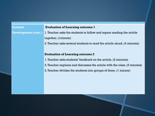 Content
Development (cont.)
Evaluation of Learning outcome 1
1.Teacher asks the students to follow and repeat reading the article
together. (1minute)
2.Teacher asks several students to read the article aloud. (4 minutes)
Evaluation of Learning outcome 2
1.Teacher asks students’ feedback on the article. (2 minutes)
2.Teacher explains and discusses the article with the class.(5 minutes)
3.Teacher divides the students into groups of three. (1 minute)
 