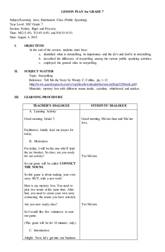 STORYTELLING Lesson Plan STORYTELLING Lesson Plan