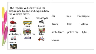 The teacher will show/flash the
picture one by one and explain how
the vehicles move.
car bus motorcycle
truck train kalesa
ambulance police car bike
karusa
car bus motorcycle
truck train kalesa
ambulance police car bike
karusa
 