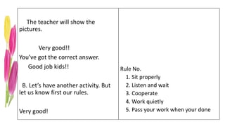 The teacher will show the
pictures.
Very good!!
You’ve got the correct answer.
Good job kids!!
B. Let’s have another activity. But
let us know first our rules.
Very good!
Rule No.
1. Sit properly
2. Listen and wait
3. Cooperate
4. Work quietly
5. Pass your work when your done
 