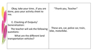 Okay, take your time…if you are
done, pass your activity sheet to
me.
E. Checking of Outputs/
Generalization:
The teacher will ask the following
questions:
What are the different land
transportation vehicles?
“Thank you, Teacher”
These are, car, police car, train,
bike, motorbike.
 