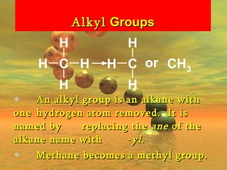 Alkyl  Groups An alkyl group is an alkane with one  hydrogen atom removed.  It is named by  replacing the  ane  of the alkane name with  - yl . Methane becomes a methyl group. 