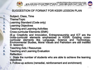 SUGGESTION OF FORMAT FOR KSSR LESSON PLAN

1.   Subject, Class, Time
2.   Theme/Topic
3.   Learning Standard (Code only)
4.   Learning Objectives
5.   Teaching and Learning Activities
6.   Cross-curricular Elements (EMK)
     (E.g: Creativity and Innovation, Entrepreneurship and ICT are the
     cross-curricular elements emphasized in KSSR. Existing cross-
     curricular elements like Language, Science and Technology,
     Environmental Studies, Moral Values and Patriotism are still instilled
     in lessons)
7.   Teaching Aids / Resources
8.   Teaching and Learning Evaluation
9.   Reflection:
     i. State the number of students who are able to achieve the learning
     objectives
     ii. Follow-up actions (remedial, reinforcement and enrichment)
                                                                        1
 