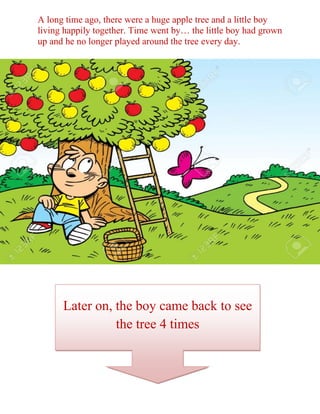 A long time ago, there were a huge apple tree and a little boy
living happily together. Time went by… the little boy had grown
up and he no longer played around the tree every day.
Later on, the boy came back to see
the tree 4 times
 